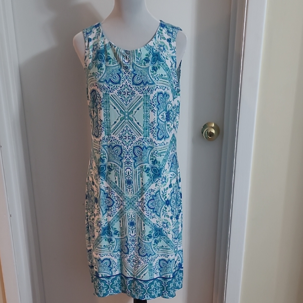 Studio One Blue and White Sleeveless Sheath Dress